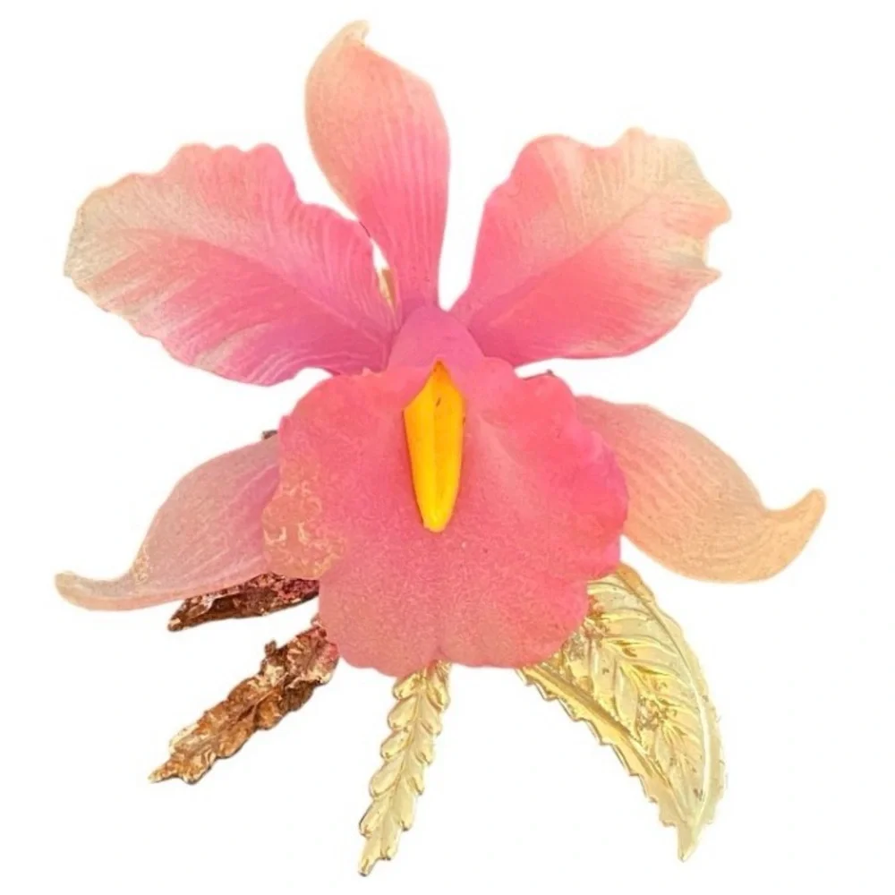 Vintage Pink Orchid Brooch Pin Gold Tone Floral Statement Botanical